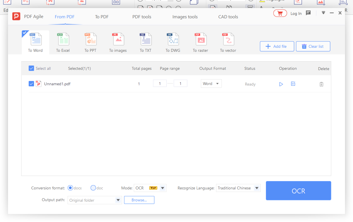 Conversion settings panel with OCR language selector
