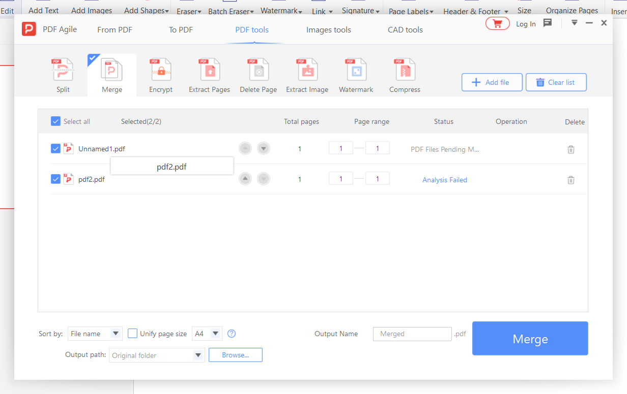 Drag-and-drop reordering pages in the merge workspace