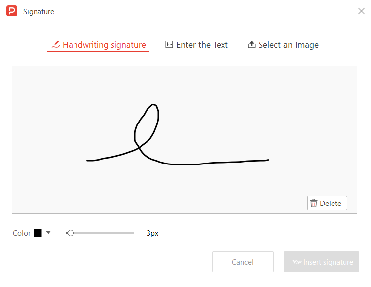 Signature creation panel showing Draw, Upload, and Type options